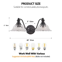 20" Vintage 2-Light Vanity Fixture with Clear Glass Lampshade, Wall Sconce for Bathroom, Hallway, Bedroom, 20" L x 11" W x 7.5" H, Black(m-3)
