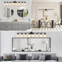 52" Modern 8-Light Vanity Light with Iron Frame, Frosted Glass, Wall Sconce for Bathroom, Dressing Room, 52" L x 6.5" W x 10" H, Black+White(m-9)