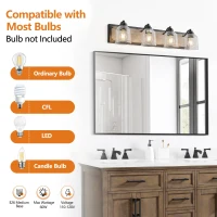 31.5" Farmhouse 4-Light Wall Sconce with Clear Glass Shades, Wooden Backboards, Industrial Vanity Light Fixture, 31.5" L x 7" W x 7" H, Black(m-7)