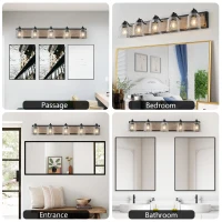 40" Farmhouse 5-Light Bathroom Wall Sconce with Clear Seeded Glass Shades, Modern Industrial Vanity Light Fixture, 40" L x 7" W x 7" H, Black(m-4)