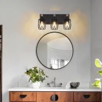Industrial 3-Light Wall Sconce with Wooden Accents, Cage Wall Lighting Fixture for Bathroom, Hallway, 17.5" L x 6" W x 8.5" H, Walnut+Black(m-7)