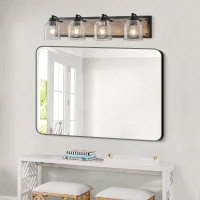 31.5" Farmhouse 4-Light Wall Sconce with Clear Glass Shades, Wooden Backboards, Industrial Vanity Light Fixture, 31.5" L x 7" W x 7" H, Black(m-8)