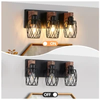 Industrial 3-Light Wall Sconce with Wooden Accents, Cage Wall Lighting Fixture for Bathroom, Hallway, 17.5" L x 6" W x 8.5" H, Walnut+Black(m-4)