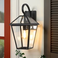 10" Outdoor Wall Lanterns with Clear Glass Panels, Weatherproof Vintage Exterior Light Fixtures, Ideal for Porch, 10" L x 8" W x 16.5" H, Black(m-8)