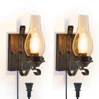 Set of 2 Rustic Farmhouse Wall Sconces with Glass Shade, Easy Installation, Vintage Industrial Plug-in Wall Lights, 5" L x 5" W x 12" H, Black+Gold(m-11)