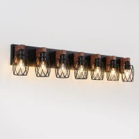 Industrial 7-Light Wall Sconce with Metal Wire Cage Shades, Wooden Accents, Ideal for Bathroom, Hallway, 44" L x 6" W x 8.5" H, Walnut+Black(m-10)