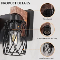 31" Industrial Vintage 5-Light Wall Sconce with Wooden Accents, Cage Fixture for Hallway, Living Room, 31" L x 6" W x 8.5" H, Walnut+Black(m-5)