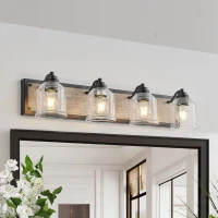 31.5" Farmhouse 4-Light Wall Sconce with Clear Glass Shades, Wooden Backboards, Industrial Vanity Light Fixture, 31.5" L x 7" W x 7" H, Black(m-1)