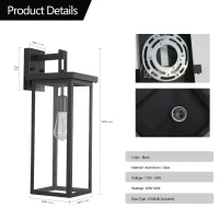 Set of 2 Modern Outdoor Wall Lanterns with E26 Bulb Compatible, Weatherproof Black Metal Frame with Clear Glass, 9" L x 9.5" W x 20" H, Black(m-3)