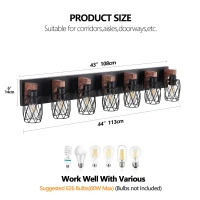 Industrial 7-Light Wall Sconce with Metal Wire Cage Shades, Wooden Accents, Ideal for Bathroom, Hallway, 44" L x 6" W x 8.5" H, Walnut+Black(m-3)