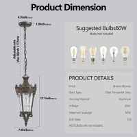 Antique Crown Outdoor Hanging Lantern with Ornate Metal Design, Waterproof Vintage Pendant Light, 8" L x 8" W x 18" H, Coffee+Golden(m-3)