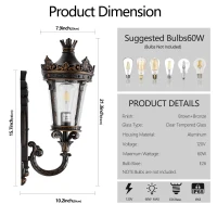21" Vintage Outdoor Wall Lantern with Crown Top, Waterproof Exterior Sconce, Easy Installation, 10" L x 8" W x 21" H, Coffee+Golden(m-3)