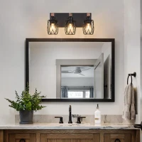 Industrial 3-Light Wall Sconce with Wooden Accents, Cage Wall Lighting Fixture for Bathroom, Hallway, 17.5" L x 6" W x 8.5" H, Walnut+Black(m-6)