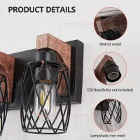 Industrial 3-Light Wall Sconce with Wooden Accents, Cage Wall Lighting Fixture for Bathroom, Hallway, 17.5" L x 6" W x 8.5" H, Walnut+Black(m-5)