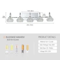 29" Vintage 5-Light Bathroom Mirror Fixture with Clear Glass Shades, Brushed Nickel Finish, Crystal Vanity Light, 29" L x 7" W x 6.5" H, Silver(m-3)