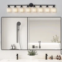 52" Modern 8-Light Vanity Light with Iron Frame, Frosted Glass, Wall Sconce for Bathroom, Dressing Room, 52" L x 6.5" W x 10" H, Black+White(m-8)