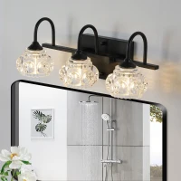 Retro 3-Light Bathroom Wall Sconce with Crystal Glass Shades, Metal Bracket, Wall Mounted Vanity Light Fixture, 17.5" L x 7" W x 6.5" H, Black(m-6)