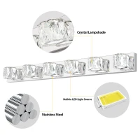 Modern 6-Light LED Wall Sconce with Clear Crystal Shades, Built-In LED Lighting, Elegant Bathroom Vanity Light, 41" L x 4.5" W x 4.5" H, Silver(m-6)