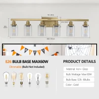 37" 6-Light Vanity Light with Clear Glass Shades, Easy Installation, Modern Iron Metal Bathroom Wall Fixture for Mirror, 37" L x 6" W x 9" H, Golden(m-3)