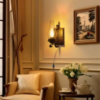 Set of 2 Rustic Farmhouse Wall Sconces with Glass Shade, Easy Installation, Vintage Industrial Plug-in Wall Lights, 5" L x 5" W x 12" H, Black+Gold(m-8)