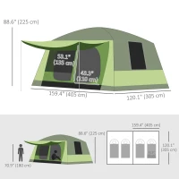 Outsunny Tunnel Tent Camping Shelter w/ Porch, Two Rooms, Lamp Hook, Portable Carry Bag, Green(m-3)