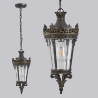 Antique Crown Outdoor Hanging Lantern with Ornate Metal Design, Waterproof Vintage Pendant Light, 8" L x 8" W x 18" H, Coffee+Golden(m-8)