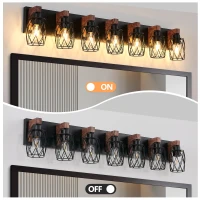 Industrial 7-Light Wall Sconce with Metal Wire Cage Shades, Wooden Accents, Ideal for Bathroom, Hallway, 44" L x 6" W x 8.5" H, Walnut+Black(m-4)