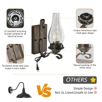 Set of 2 Rustic Farmhouse Wall Sconces with Glass Shade, Easy Installation, Vintage Industrial Plug-in Wall Lights, 5" L x 5" W x 12" H, Black+Gold(m-6)