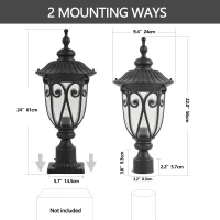Vintage Outdoor Post Lantern with Bubble Glass, Waterproof Aluminum Lamp Post Light, Quick Installation, 9.5" L x 9.5" W x 24" H, Black(m-3)