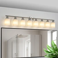 52" 8-Light Vanity Wall Sconce with Frosted Glass Shades, Brushed Nickel Finish, Ideal for Bathroom, Hallway, 52" L x 6.5" W x 10" H, Silver(m-6)