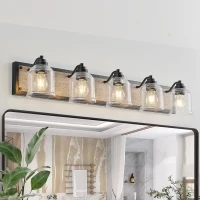 40" Farmhouse 5-Light Bathroom Wall Sconce with Clear Seeded Glass Shades, Modern Industrial Vanity Light Fixture, 40" L x 7" W x 7" H, Black(m-1)