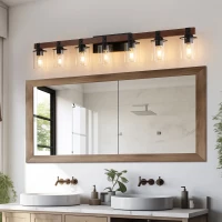 50" 7-Light Vanity Light with Glass Shades, Wood Accent, Modern Farmhouse Wall Sconce for Bathroom, 50" L x 8.5" W x 6" H, Walnut+Black(m-8)