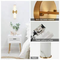 Set of 2 Resin Wall Sconces with Gold Accents, Easy Installation, Indoor Vertical Light Fixture with Marble Texture, 5" L x 5.5" W x 14" H, Gold(m-4)