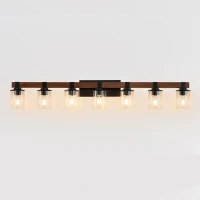 50" 7-Light Vanity Light with Glass Shades, Wood Accent, Modern Farmhouse Wall Sconce for Bathroom, 50" L x 8.5" W x 6" H, Walnut+Black(m-10)