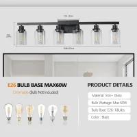 37" Modern 6-Light Bathroom Vanity Light Fixture with Clear Glass Shades, Ideal for Bathroom, Dressing Area, 37" L x 6" W x 9" H, Black(m-3)