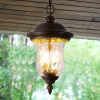 Rustic Outdoor Hanging Lantern with Clear Glass Shade, Waterproof Exterior Lighting Fixture for Porch, 10" L x 10" W x 19.5" H, Brown+Bronze(m-7)