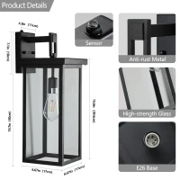 Set of 2 Modern Outdoor Wall Lanterns with Clear Glass, Ambient Light Sensors, Weatherproof Design, 9" L x 9.5" W x 20" H, Black(m-3)