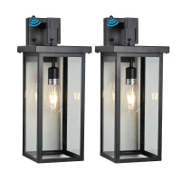 Set of 2 Modern Outdoor Wall Lanterns with Clear Glass, Ambient Light Sensors, Weatherproof Design, 9" L x 9.5" W x 20" H, Black(m-2)