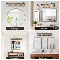 31.5" Farmhouse 4-Light Wall Sconce with Clear Glass Shades, Wooden Backboards, Industrial Vanity Light Fixture, 31.5" L x 7" W x 7" H, Black(m-4)