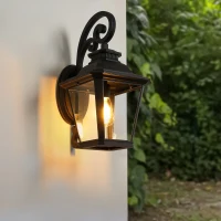 Outdoor Wall Lantern Light with Decorative Scroll Design, Clear Glass Sconce, Weather-Resistant Aluminium, 14" L x 11" W x 21" H, Black(m-10)