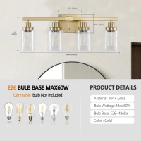 24" 4-Light Vanity Light with Clear Glass Shades, Modern Iron Bathroom Wall Fixture for Mirror, Dressing Table, 24" L x 6" W x 9" H, Golden(m-3)