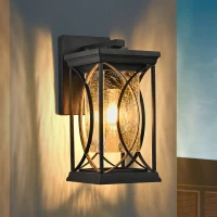 Outdoor Wall Lantern with Crackled Glass, Weather-Resistant Exterior Light Fixture for Porch, Patio, Entryway, 6.5" L x 8.5" W x 14" H, Black(m-10)