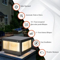 2-Pack Solar Powered LED Post Cap Light with Modern design, Modern Outdoor Fence Light for Pathways, Decks, 12" L x 12" W x 8" H, Black(m-6)