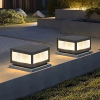 2-Pack Solar Powered LED Post Cap Light with Modern design, Modern Outdoor Fence Light for Pathways, Decks, 12" L x 12" W x 8" H, Black(m-1)