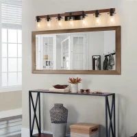 50" 7-Light Vanity Light with Glass Shades, Wood Accent, Modern Farmhouse Wall Sconce for Bathroom, 50" L x 8.5" W x 6" H, Walnut+Black(m-7)