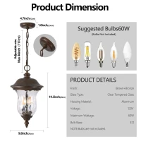 Rustic Outdoor Hanging Lantern with Clear Glass Shade, Waterproof Exterior Lighting Fixture for Porch, 10" L x 10" W x 19.5" H, Brown+Bronze(m-3)