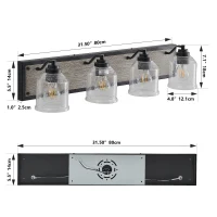 31.5" Farmhouse 4-Light Wall Sconce with Clear Glass Shades, Wooden Backboards, Industrial Vanity Light Fixture, 31.5" L x 7" W x 7" H, Black(m-3)