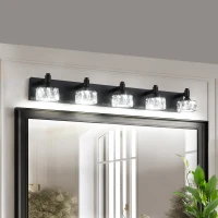Modern 5-Light LED Vanity Light Fixture with Crystal Glass Shades, Matte Black Bathroom Wall Sconce, 36" L x 8" W x 5" H, Black(m-1)