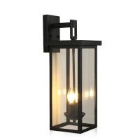 Outdoor Wall Lantern with Dusk to Dawn Sensor, Weatherproof Dual-Light Design, Clear Glass Panels, 8" L x 9.5" W x 22" H, Black(m-2)