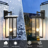 Outdoor Wall Lantern with Dusk to Dawn Sensor, Weatherproof Dual-Light Design, Clear Glass Panels, 8" L x 9.5" W x 22" H, Black(m-5)
